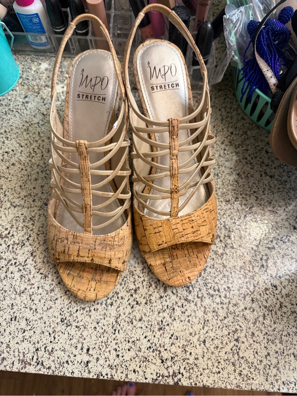 Impo Cork-Textured Tan Strappy Wedge Sandals